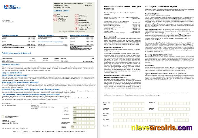 USA Tennessee First Horizon Bank mortgage statement, 2 pages